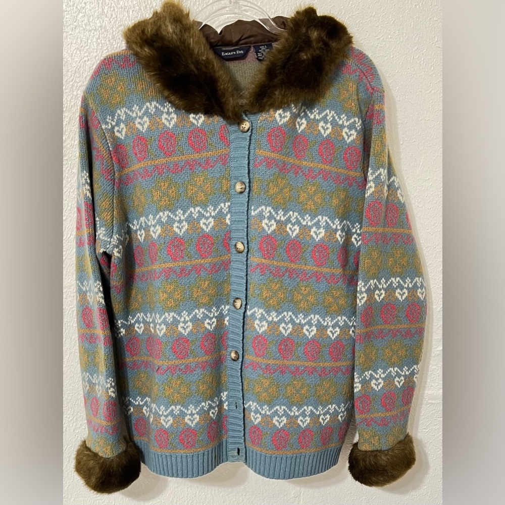 Vintage Eagles Eye Wool Sweater Large Multicolor Faux Fur Hooded Button Cardigan